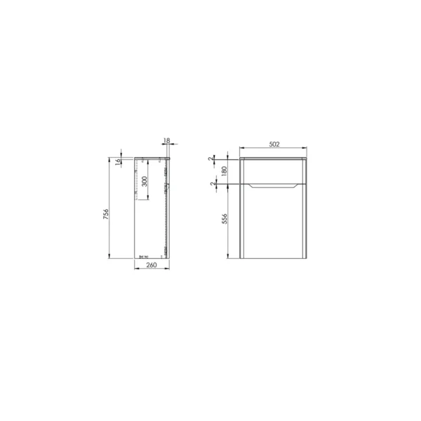 Dimension drawing for Scudo Ella 500mm gloss white WC unit showing nominal width 500mm, actual width 502mm, height 758mm and projection 260mm.