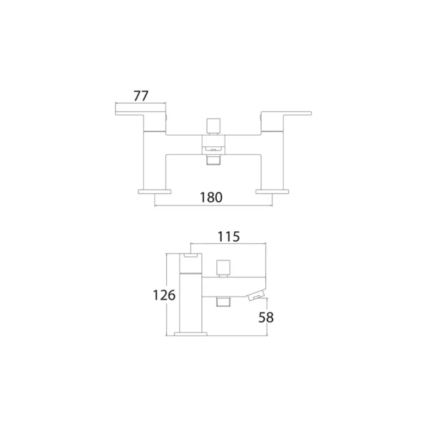 Dimension drawing for Scudo Favour chrome deck-mounted bath shower mixer tap kit showing height 126mm, base-to-spout height 58mm and inlet connection size 3/4 BSP.