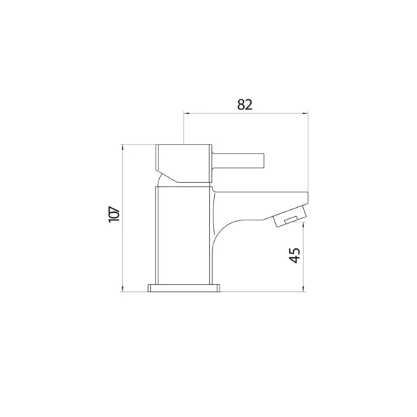 Dimension drawing for Scudo Forme chrome mini mono square basin tap & push waste showing tap height 107mm, base-to-spout height 45mm and inlet connection size 1/2″ M10.