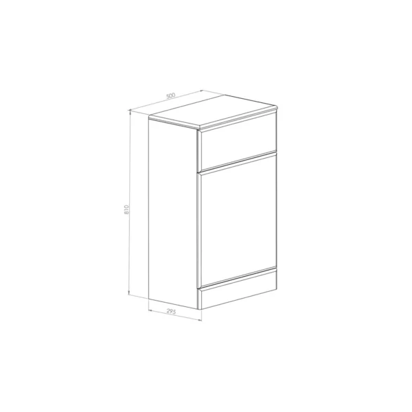 Dimension drawing for Scudo Lanza 500mm polar white WC toilet unit showing width 500mm, height 810mm and projection 295mm.