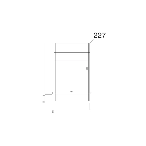 Dimension drawing for Scudo Lili 500mm gloss white WC unit showing width 500mm, internal opening width 464mm, height 810mm and main cabinet height 720mm.