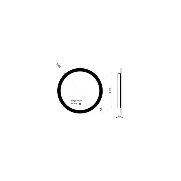 Dimension drawing for Scudo Lunar 600mm ambient LED circle demister IP44 mirror showing nominal size 600mm.