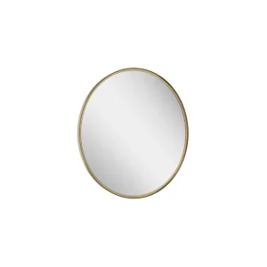 Scudo Macie 600mm circle brushed brass infrared LED mirror with illuminated bathroom mirror, steel and glass construction, brushed brass frame and wall mounted installation.