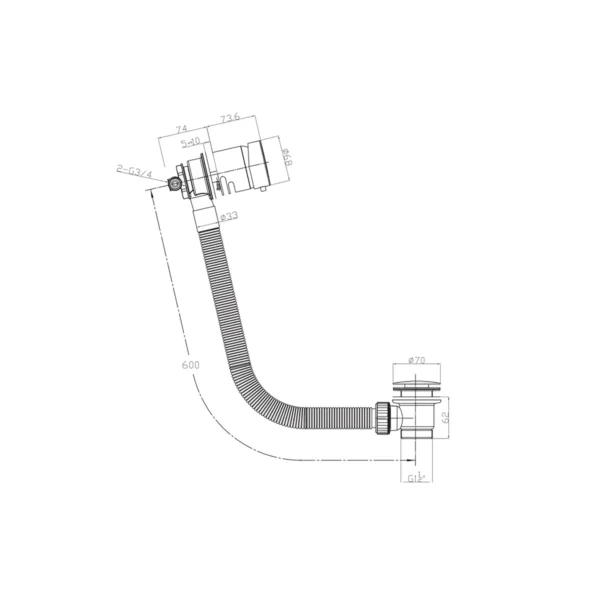Dimension drawing for Scudo matt black bath filler & overflow click clack waste showing overflow hose length 600mm.