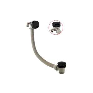 Scudo matt black round overflow filler waste with bath filler and overflow waste, bath fixed installation, matt black finish and brass, stainless steel and plastic construction.