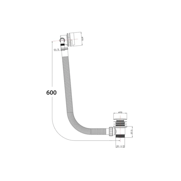 Dimension drawing for Scudo matt black round overflow filler waste showing overflow hose length 600mm.