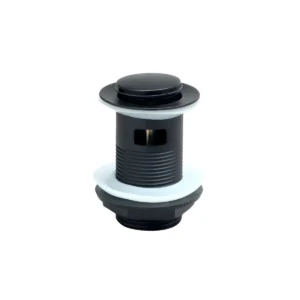 Scudo matt black round slotted sprung basin waste with matt black finish, stainless steel construction, height 80mm and overflow-slot height 11.5mm.