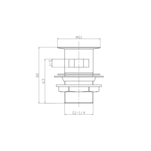 Dimension drawing for Scudo matt black round slotted sprung basin waste showing height 80mm, overflow-slot height 11.5mm, top diameter 61mm and connection size G1¼.