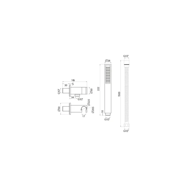 Dimension drawing for Scudo matt black square shower outlet, hose & handset set showing handset width 28mm, handset height 222mm, wall outlet projection 106mm and hose length 1500mm.