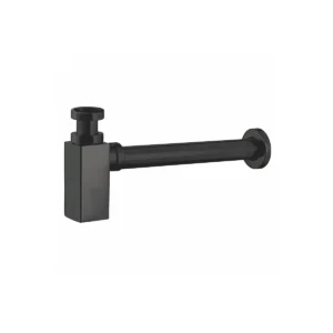 Scudo matt black square stainless steel basin bottle trap with wall mounted beneath a basin installation, matt black finish and stainless steel construction.