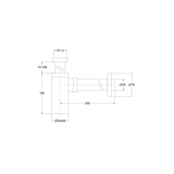 Dimension drawing for Scudo matt black square stainless steel basin bottle trap showing trap height 120mm, horizontal pipe length 330mm, wall pipe diameter 35mm and wall flange diameter 70mm.