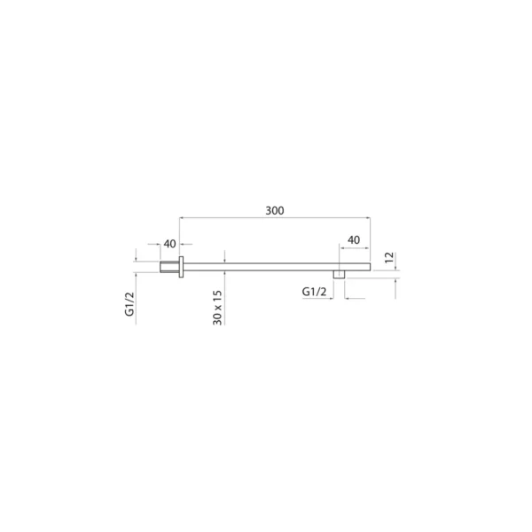 Dimension drawing for Scudo matt black wall-hung stainless steel square shower arm showing height 40mm, length 300mm, inlet connection size 1/2 BSP and outlet connection size 1/2 BSP.