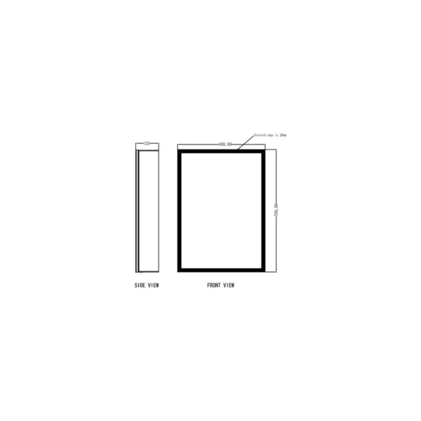 Dimension drawing for Scudo Mia 500 x 700mm slim-depth LED frame mirror cabinet showing width 500mm, height 700mm and projection 135mm.
