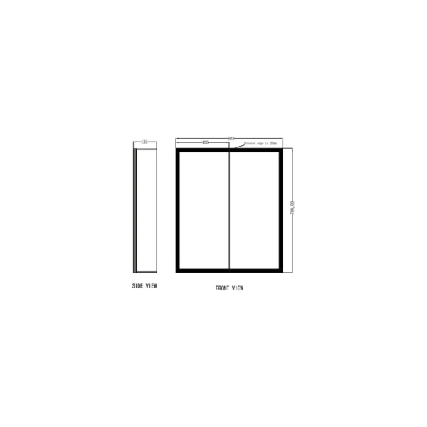 Dimension drawing for Scudo Mia 800 x 700mm slim two-sided mirror LED cabinet showing width 700mm, height 800mm and depth 130mm.