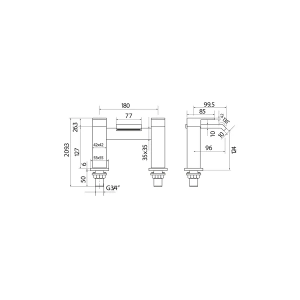 Dimension drawing for Scudo Miami polished chrome designer bath filler tap showing height 127mm.