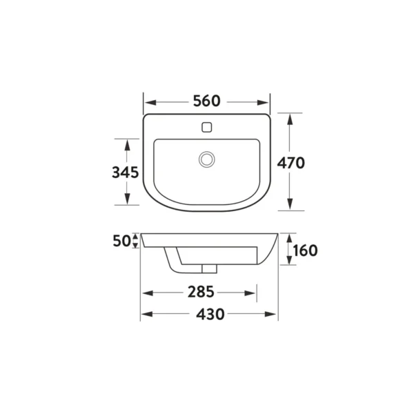 Dimension drawing for Scudo Middleton 560mm curved semi-recessed basin showing width 560mm, height 160mm, inner bowl front-to-back depth 345mm and projection 470mm.