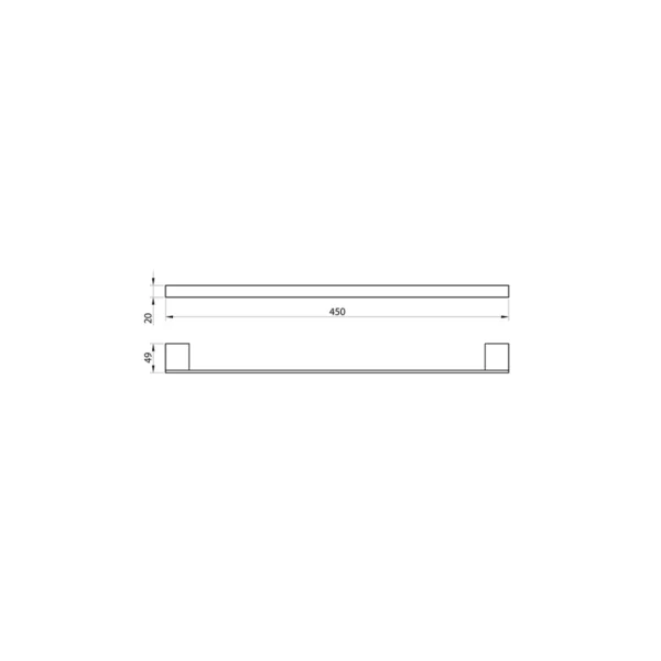 Dimension drawing for Scudo mono 450mm matt black single wall towel bar showing height 20mm, projection 49mm and length 450mm.