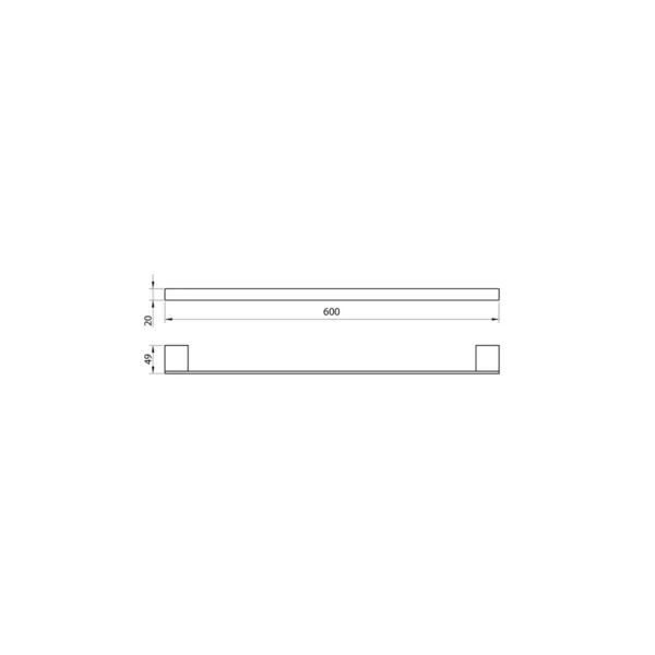 Dimension drawing for Scudo mono 600mm matt black single towel bar showing height 20mm, projection 49mm and length 600mm.