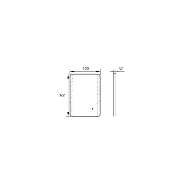 Dimension drawing for Scudo mono black 500 x 700mm demister colour changing mirror showing size 500mm x 700mm.