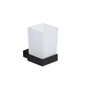 Scudo mono matt black holder & square white glass tumbler with matt black holder and square white glass tumbler, matt black finish, brass construction and square with softened corners shape.