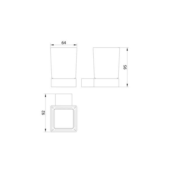 Dimension drawing for Scudo mono matt black holder & square white glass tumbler showing width 64mm, height 95mm and projection 92mm.