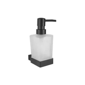 Scudo mono white glass soap dispenser & matt black square holder with brass / glass construction, matt black finish and wall mounted installation.