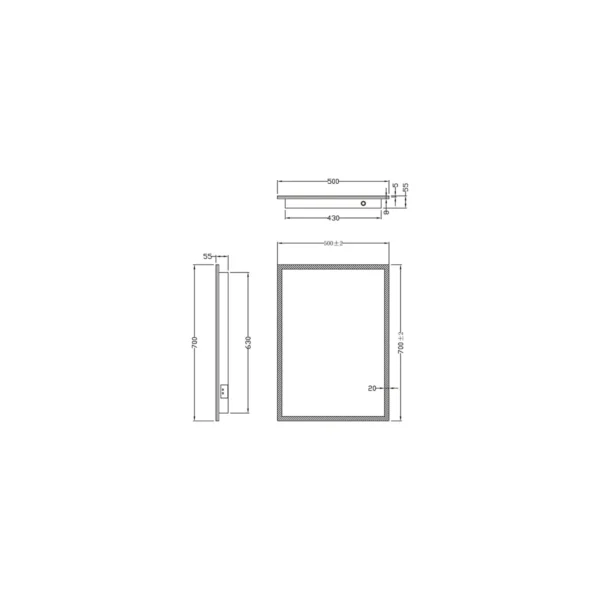 Dimension drawing for Scudo Mosca 500 x 700mm demister socket LED mirror showing width 500mm, height 700mm and projection 55mm.
