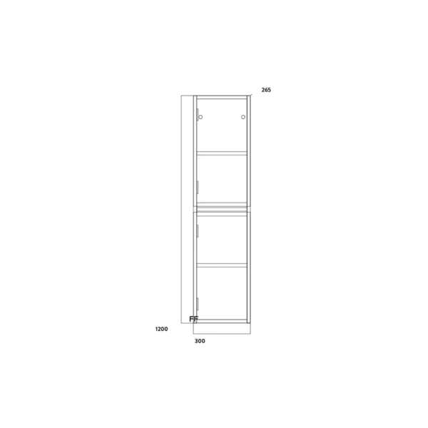 Dimension drawing for Scudo Muro 1200mm white wall reversible tallboy showing door opening width 260mm and height 1200mm.
