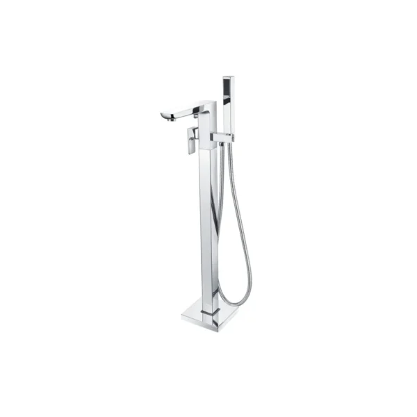 Alternate view of Scudo Muro 1m polished chrome standing bath shower mixer tap with single lever handles, chrome finish, brass construction and floor mounted installation.