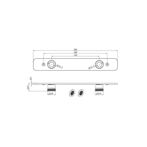 Dimension drawing for Scudo polished chrome easy kit shower plate showing plate width 265mm, approximate fitted projection 25.5mm, plate thickness Approximately 3.9mm and inlet opening diameter Approximately 15.2mm.