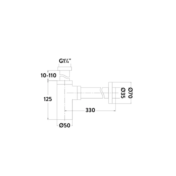 Dimension drawing for Scudo polished chrome modern round basin bottle trap showing trap body height 125mm, wall connection length 330mm, adjustable inlet length 10–110mm and trap body diameter Ø50mm.