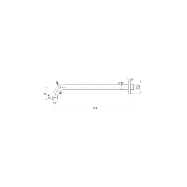 Dimension drawing for Scudo polished chrome round stainless steel wall shower arm showing projection 335mm, wall plate thickness 9mm, arm diameter 20mm and wall plate diameter 53mm.
