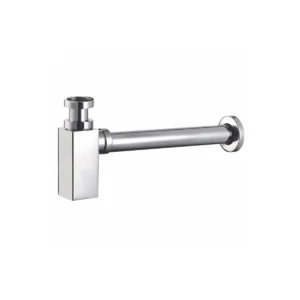 Scudo polished chrome square basin bottle trap with polished chrome finish, stainless steel construction and wall mounted installation.