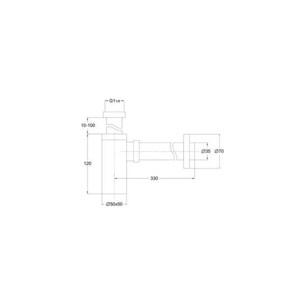 Dimension drawing for Scudo polished chrome square basin bottle trap showing height 120mm, horizontal length 330mm, outlet pipe diameter 35mm and wall plate diameter 70mm.