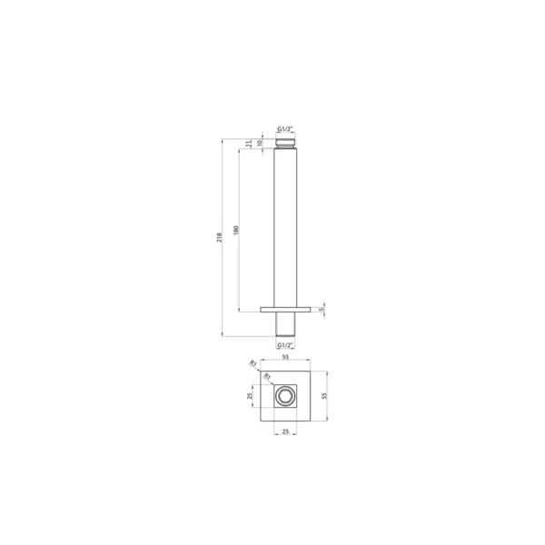 Dimension drawing for Scudo polished chrome square ceiling-mounted shower arm showing ceiling plate width 55mm, ceiling plate depth 55mm, ceiling plate thickness 5mm and length 218mm.