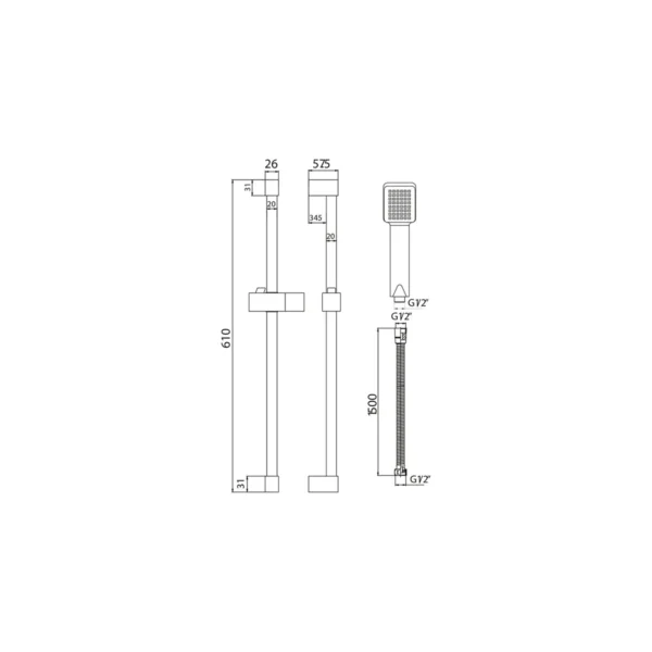 Dimension drawing for Scudo polished chrome square single function riser rail kit showing width 26mm, height 610mm, projection 575mm and hose length 1500mm.