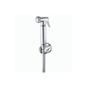 Scudo polished chrome wall-mounted douche spray kit with gun handle, spray handset, wall holder and hose, polished chrome finish and brass / stainless steel construction.