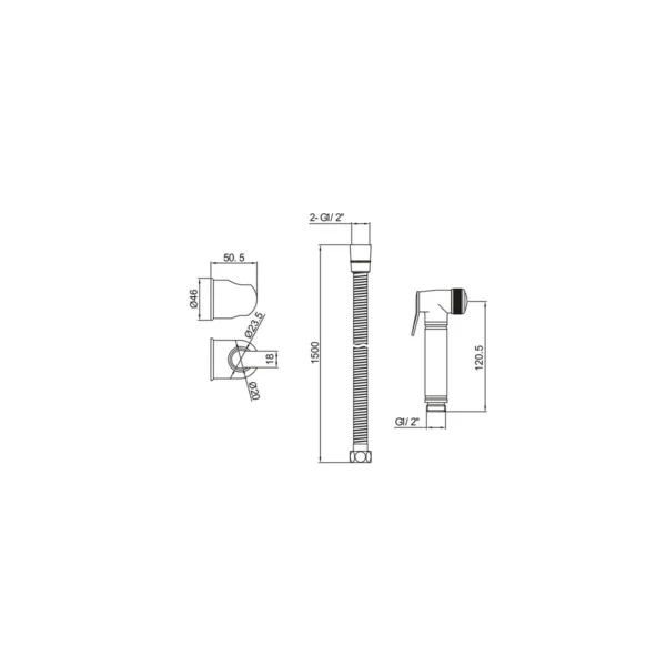 Dimension drawing for Scudo polished chrome wall-mounted douche spray kit showing handset height above holder 125.25mm, handset head length 57.7mm, trigger length 50mm and handset body diameter Ø20mm.