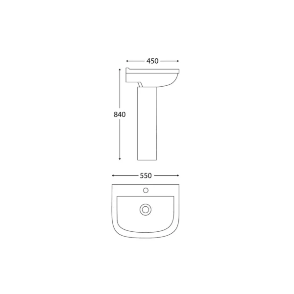 Dimension drawing for Scudo Porto white full pedestal showing basin width 550mm, completed basin and pedestal height Approximately 840mm and basin projection 450mm.