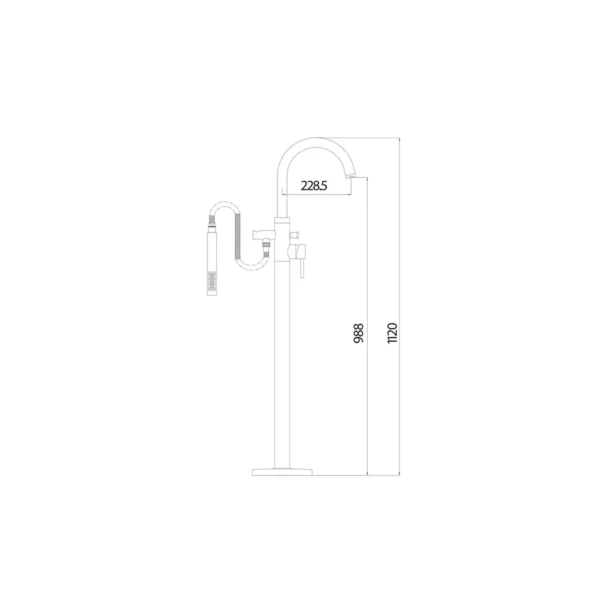 Dimension drawing for Scudo Premier chrome freestanding swan neck bath shower tap showing height 1120mm, projection 2285mm, inlet connection size 3/4 BSP and outlet connection size 1/2 BSP handset.