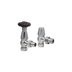 Scudo satin nickel designer angled wood head TRV valve pair with radiator valve pair, satin nickel finish and round shape.