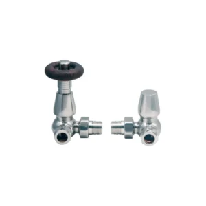 Scudo satin nickel designer corner wood head TRV valve pair with radiator valve pair, satin nickel finish and round shape.