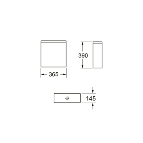 Dimension drawing for Scudo Spa white cistern showing width 365mm, height 390mm and projection 145mm.