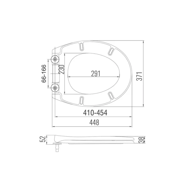Dimension drawing for Scudo universal quick-release premium soft-close seat showing width 371mm, seat opening width 230mm, maximum closed height 52mm and closed height at front 38mm.