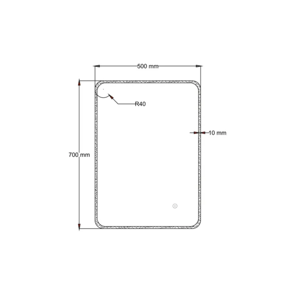 Dimension drawing for Scudo vivid 700 x 500mm curved edges LED frame mirror showing width 500mm and height 700mm.