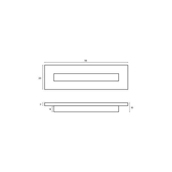 Dimension drawing for Scudo white rectangle basin overflow insert showing faceplate width 55mm, faceplate height 20mm, rear insert depth 8mm and total depth 10mm.