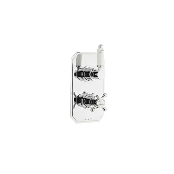 Kartell Viktory concealed single outlet white handle shower valve with gloss chrome finish, brass construction, single outlets and independent thermostatic cartridge temperature control.
