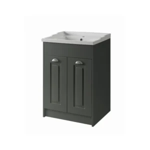 Kartell Astley 600mm matt grey traditional bathroom vanity unit with matt grey finish, MDF construction, floor mounted installation and rectangular shape.