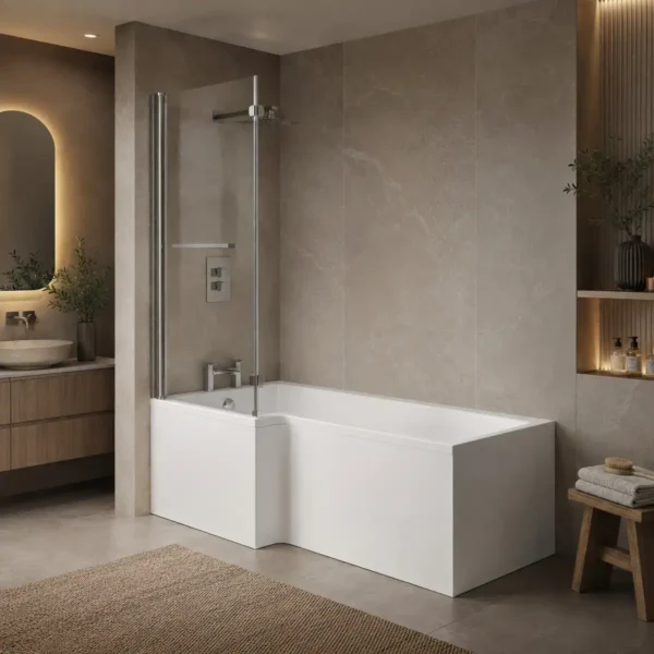 Kartell Elite 1700 x 850mm left-hand l-shaped shower bath with gloss white finish, acrylic construction and standard width 700mm.