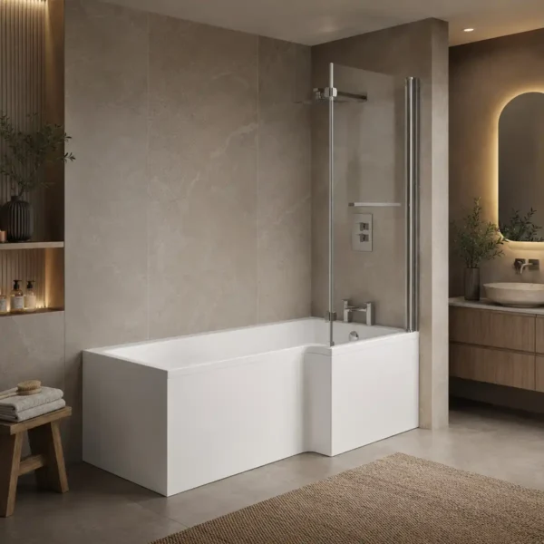 Kartell Elite 1700 x 850mm right-hand l-shaped shower bath with gloss white finish, acrylic construction and standard width 700mm.